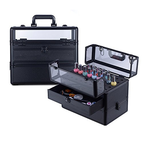 Clear Panel Top Nail Polish Makeup Train Case 16" Aluminum Professional Cosmetic Organizer Box with Slide Out Drawer