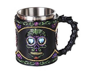 Day of the Dead Celebration Black Sugar Skull Floral Design Collectible Mug Tankard 11oz