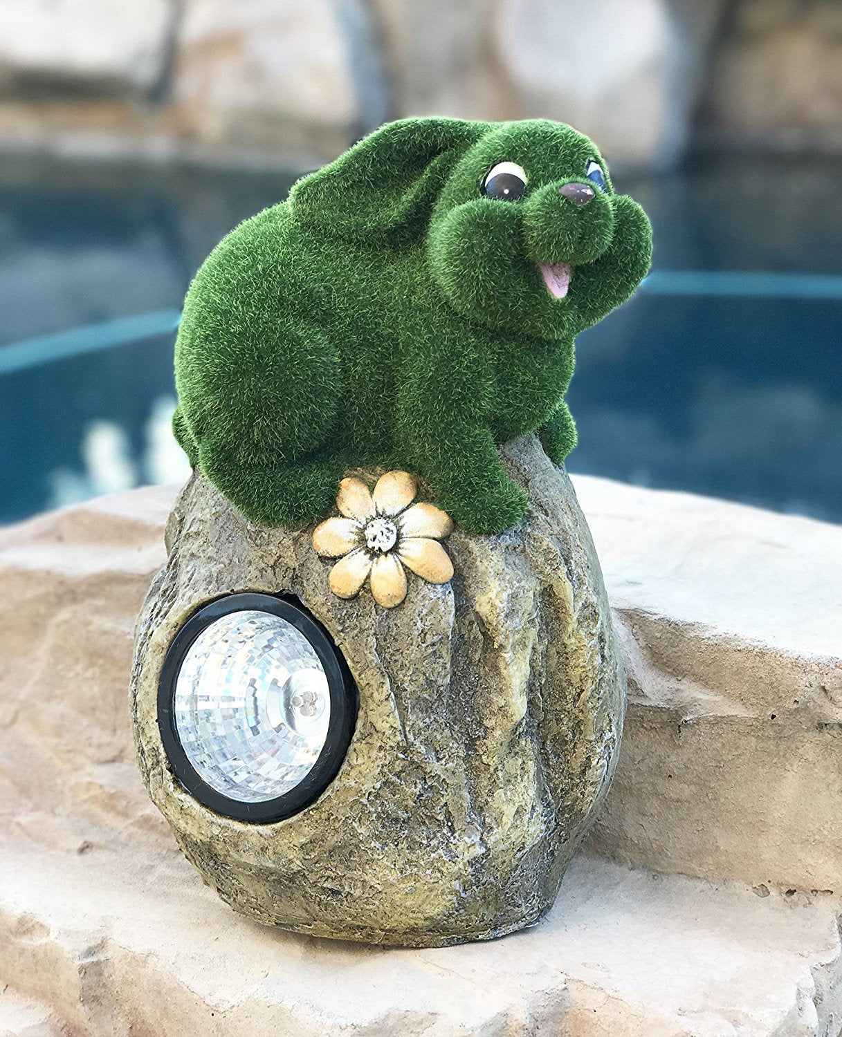 Solar Powered Rabbit On Garden Rock Sculpture In Flocked Artificial Grass Decorative Sculpture 13.5 Inches
