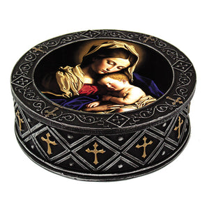 PTC 4.5 Inch Madonna with Child Inlayed Scene Jewelry/Trinket Box Figurine