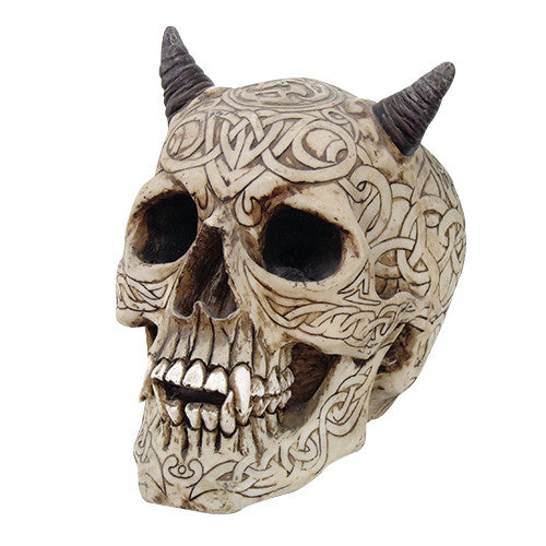 PTC 8 Inch Celtic Skull with Horns Pattern Embellished Statue Figurine