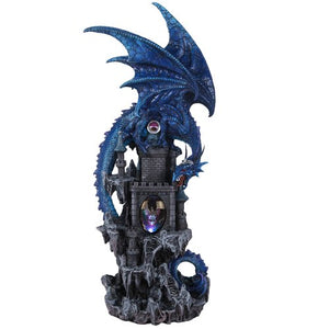 Mythical Blue Dragon Protecting Dragon Kingdom Castle with Illuminated Dragon Head Figurine 20 Inch