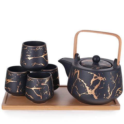 5-Pcs Contemporary Ceramic Black Tea Set with Bamboo Tray