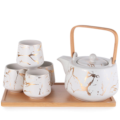 5-Pcs Contemporary Ceramic White Tea Set with Bamboo Tray