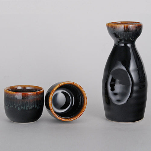 Kagetsu Sake Set 5 fl oz Black Tokkuri Bottle with Two 1.5 fl oz Sake Ochoko Cups Reactive Glaze Porcelain