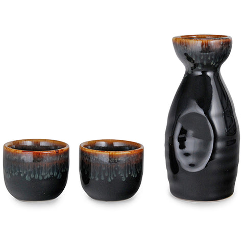 Kagetsu Sake Set 5 fl oz Black Tokkuri Bottle with Two 1.5 fl oz Sake Ochoko Cups Reactive Glaze Porcelain