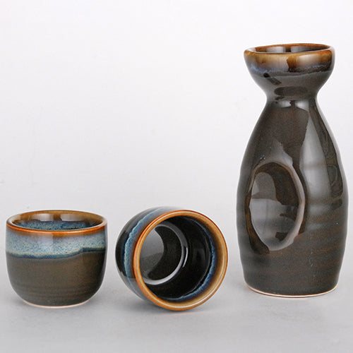 Kagetsu Sake Set 5 fl oz Brown Tokkuri Bottle with Two 1.5 fl oz Sake Ochoko Cups Reactive Glaze Porcelain