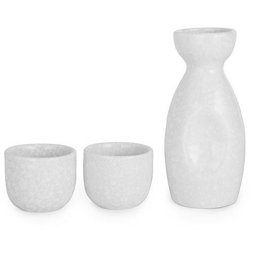 Kagetsu Sake Set 5 fl oz Tokkuri Bottle with Two 1.5 fl oz Sake Ochoko Cups Reactive Glaze White Porcelain