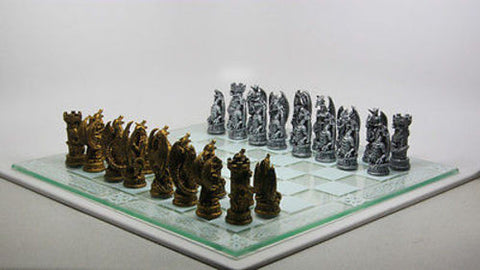 Gold Silver Fantasy Dragon Glass Board Chess Set