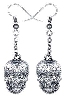 0.91 Inch Day of the Dead Skull Fish Hook Earrings, Silver Colored
