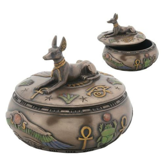 YTC 3.75 Inch Round Canine Anubis Box with Ankh and Scarab Symbols