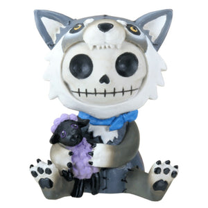 SUMMIT COLLECTION Furrybones Wolfgang Signature Skeleton in Wolf Costume Holding onto a Purple Sheep
