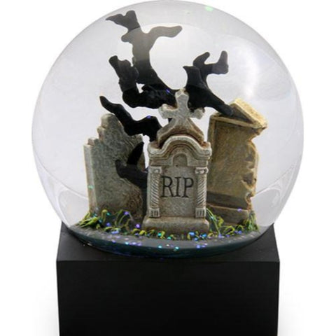 YTC Raven in Cemetery on a Tombstone Water Globe with Crows Flying
