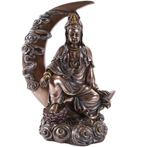 Bronze Kuan Yin Kwan Ying Statue Figure Deity Chinese Goddess of Compassion on Crescent Moon