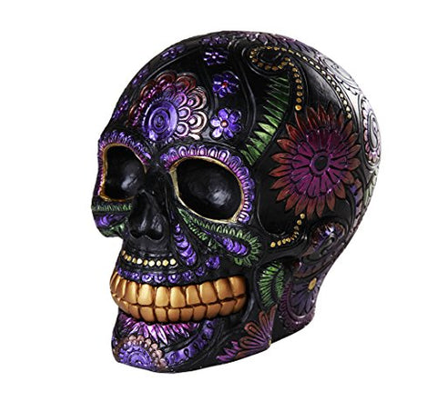 Day of the Dead Celebration Black Sugar Skull Floral Design Collectible 6 Inch
