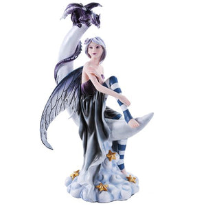 Celestial Fairy Seated on Crescent Moon with Fantasy Dragon Figurine 13 Inch