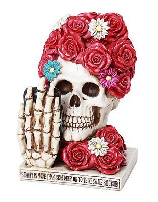 Floral Red Rose Selfie Skull Eternal Beauty Collectible Figurine 6 inch