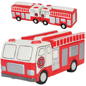 (Set) Ceramic Fire Truck Magnetized Salt & Pepper Shakers And Cookie Jar