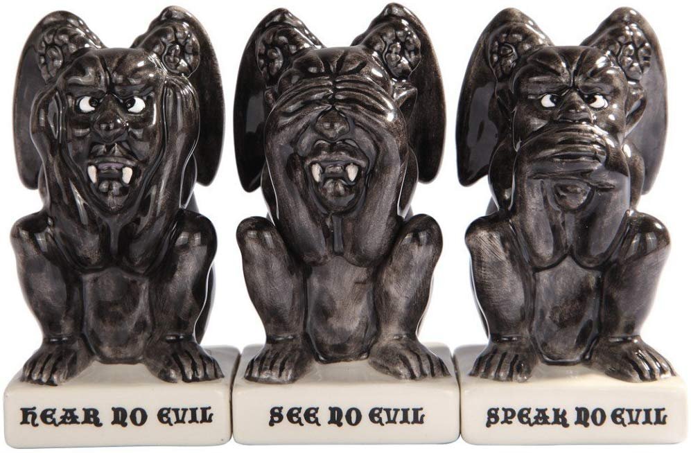 Gothic Gargoyles See Hear Speak no Evil Ceramic Salt Pepper Shakers And Toothpick Holder Attractives Trio!