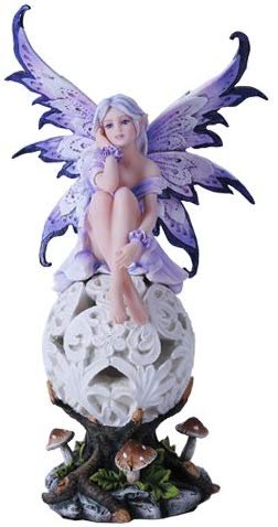 Purple Elegante Flower Fairie Sitting on Changing Color Led Orb MeadowMushroom Fairy Statue