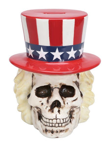PTC Uncle Sam Skeleton Skull Piggy Bank Ceramic Statue Figurine, 8" H