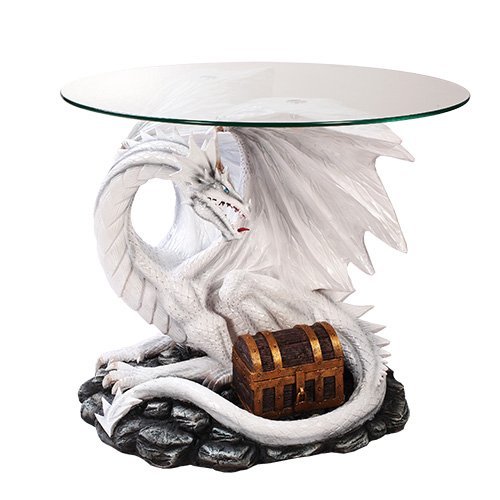 White Dragon Chest Table With Glass, White Resin 19"H