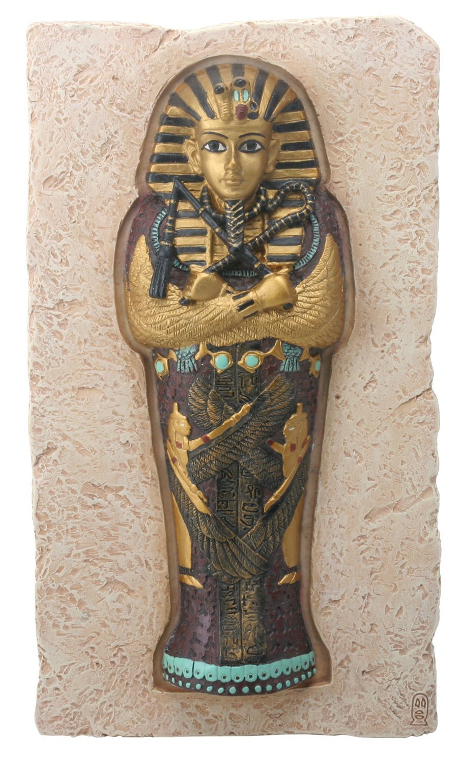 8 Inch Egyptian King Tut Coffin Set in Stone Background Plaque