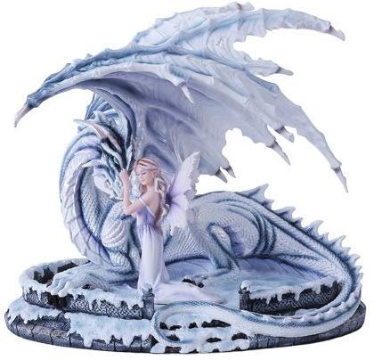 Large White Adoring Fairy With Blue Dragon Figurine Handpainted Resin