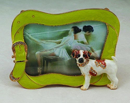 Enamel Jack Russell with Bejeweled Leash Picture Frame Statue Figurine