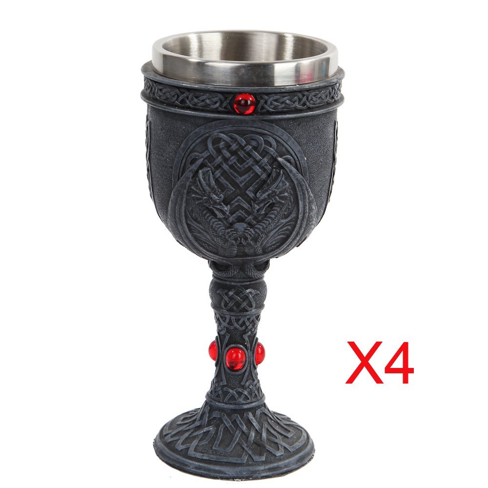 Set of 4 Celtic Dual Winged Dragon Wine Goblet Chalice Resin Body Stainless Steel Faux Stone