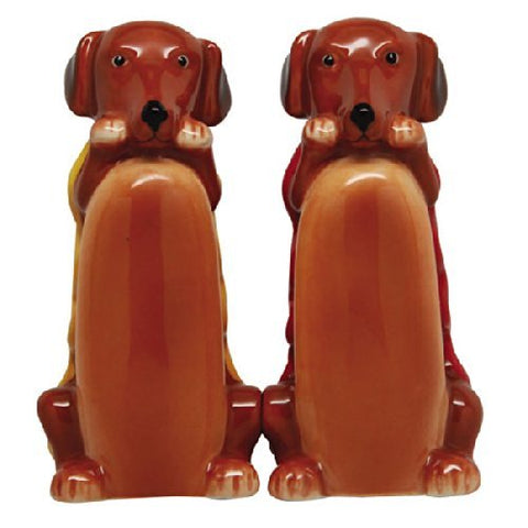 Weiner InchHot Inch Dog in Bun 3 Inch Ceramic Magnetic Salt and Pepper Shaker Set Fun Novelty Gift