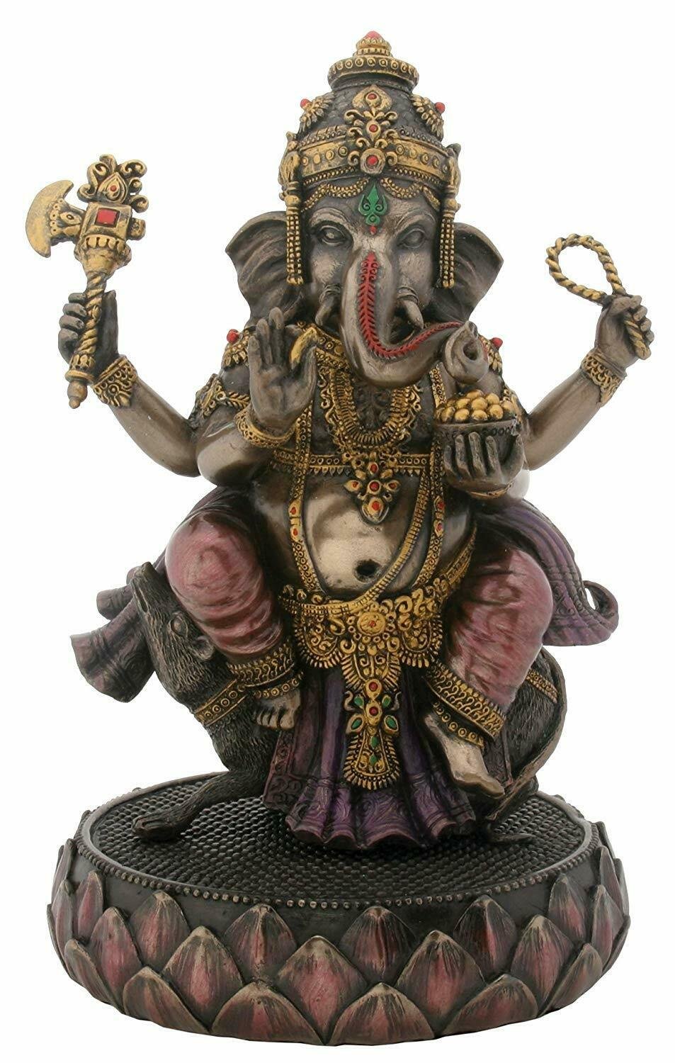 8 Inch Cold Cast Resin Bejeweled Ganesha Sitting on Mouse Statue