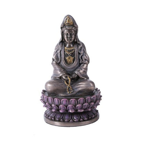 Pacific Giftware 3.4 Inch Hand Painted Resin Small Sitting Lotus Kuan Yin Statue, Bronze