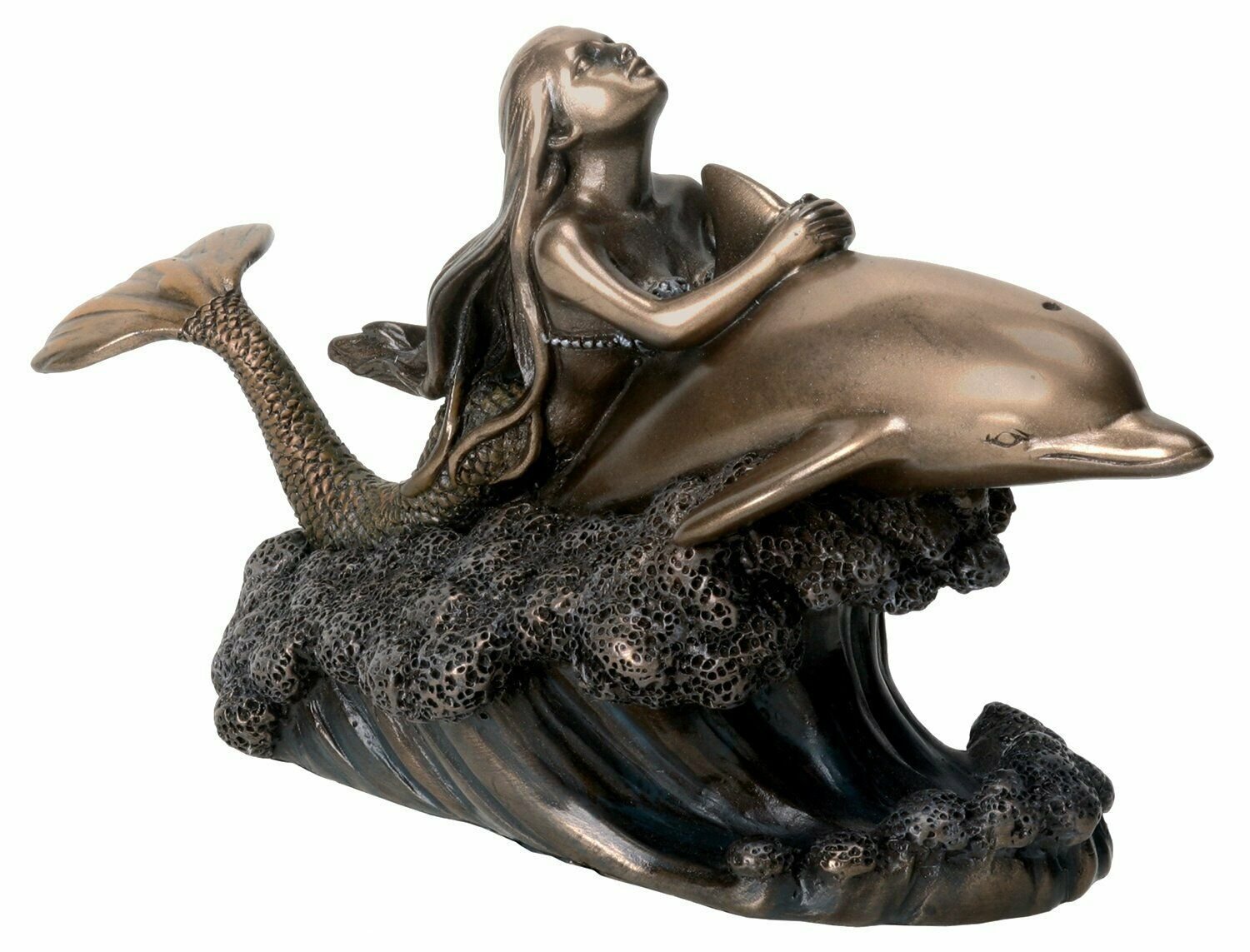 Bronze Metal Colored Ocean Mermaid Riding Dolphin Figurine Display