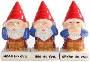 Cute Gnomes See Hear Speak no Evil Ceramic Salt Pepper Shakers And Toothpick Holder Attractives Trio!, multi-colored
