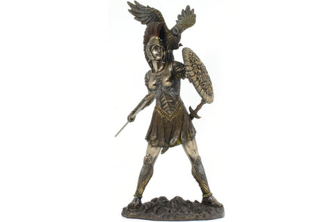 Athena (Minerva) & Owl Greek Roman Goddess of Wisdom Statue, Real Bronze Powder Cast Sculpture 12-inch
