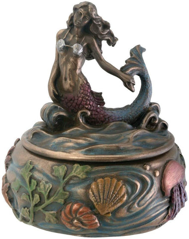 Riding Wave Mermaid Fantasy Art Nouveau Jewelry Box with Kelp and Sea Creature Display Decoration, 3 Inches