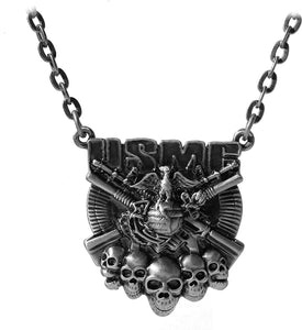 Masada Jewelry, USMC Logo with Skulls and Guns Pewter Pendant Necklace, Lead Free Alloy
