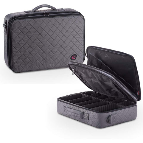 KIOTA Dual-Layer Professional On The Go Portable EVA Makeup Train Case Cosmetic Travel Storage Organizer Bag with Dividers and Brush Pockets - Slate Gray