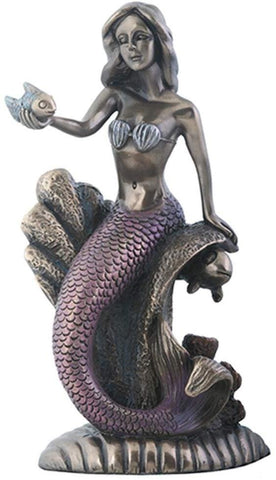 5.25 Inch Black haired, Purple Tailed Mermaid sitting on Coral