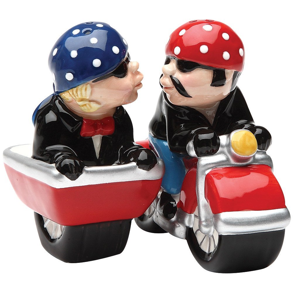 Husband and Wife Biker Motorcycle and Sidecar Salt and Pepper Shakers Set