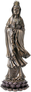 Metal Tone Color Kuan Yin Standing on Lotus Flower Figurine Statue