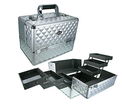 Professional Makeup Artist Travel Cosmetic Train Case w/ 3 Tier Side Extendable Trays Aluminum Hard Case