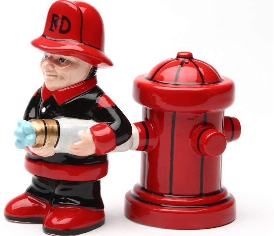 Fireman with Hose and Hydrant 4 Inch Ceramic Magnetic Salt and Pepper Shaker Set Novelty Gift