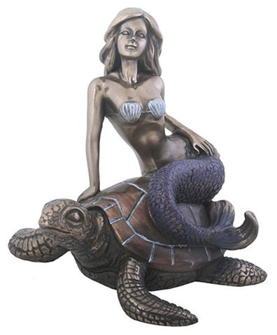 5.25 Inch Blue Violet tailed Mermaid sitting on a Sea Turtle