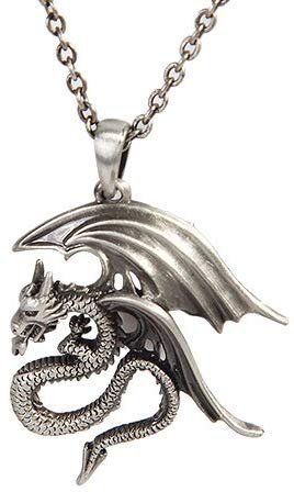WINGED DRAGON WITH FIRE NECKLACE PENDANT PEWTER ALLOY
