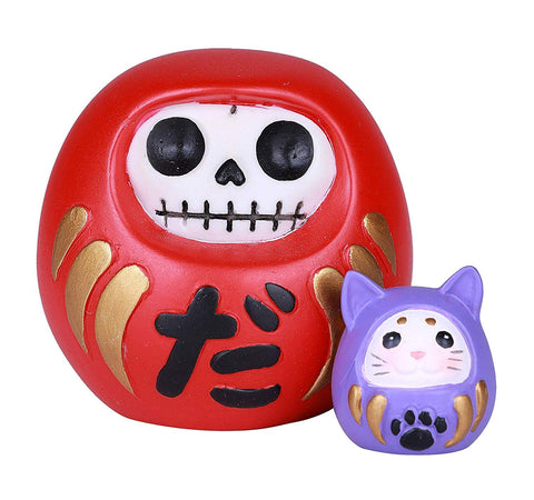 SUMMIT COLLECTION Furrybones Daruma Signature Skeleton in Red Japanese Good Luck Charm Doll Costume with Blue Miniature Mouse Daruma Buddy