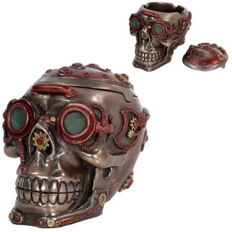 Exotic Steampunk Bronzed Cool Rock Skull Jewelry Box Figurine Made of Polyresin