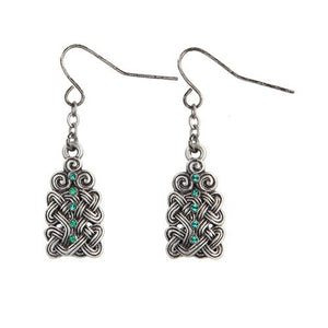 Celtic Knotwork with Green Crystal Pewter Earrings Jewelry- Mystica Collection