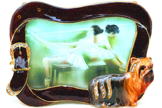 PTC Enamel Yorkshire Terrier with Bejeweled Leash Picture Frame Figurine